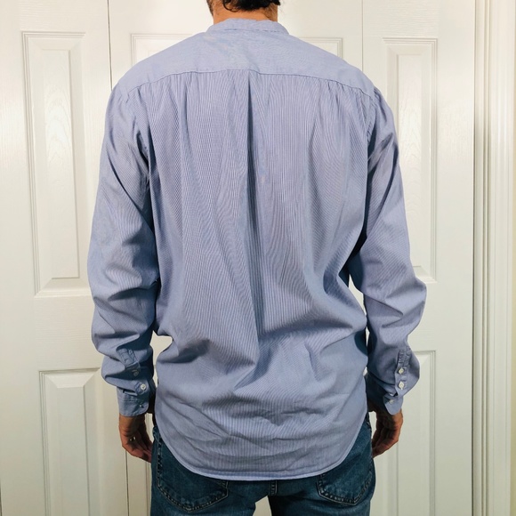 Aglini Italian Blue Striped Mandarin Shirt XL 17 - Picture 3 of 7